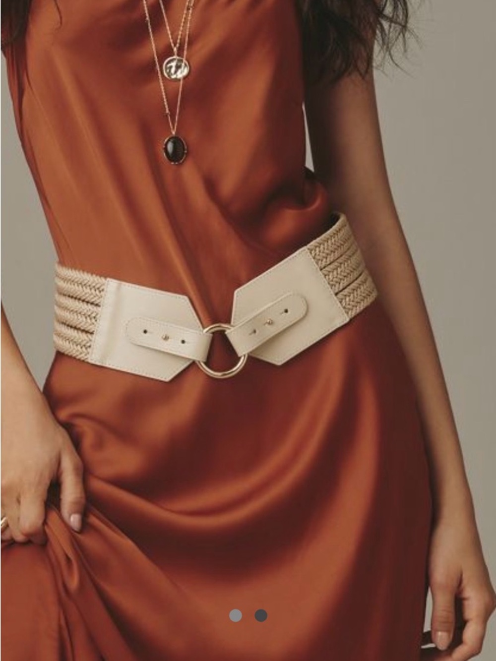 Beautiful! Natural Fibers Champagne Wide Braided Waist Belt with Gold O-Ring